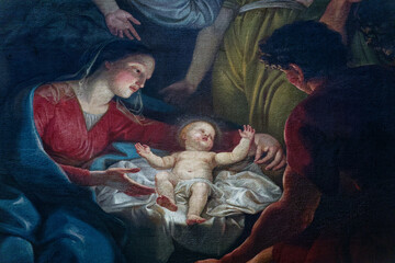 FRANCE, 2025-02-14. Painting (19th century) of Christmas Nativity Scene with Virgin Mary, Saint Joseph, and Jesus baby. .