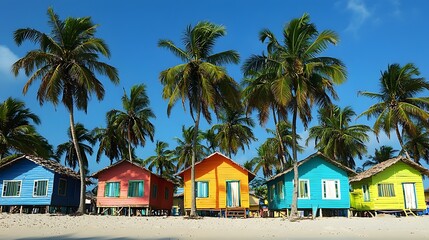 Obraz premium Vibrant colorful beach huts and cottages nestled beneath the shade of swaying coconut palm trees along the tranquil azure shoreline of a tropical paradise This idyllic