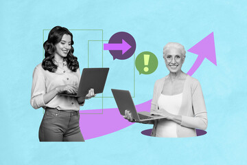 Creative sketch art collage of two happy business partners old woman young girl hold laptop arrow statistics development progress