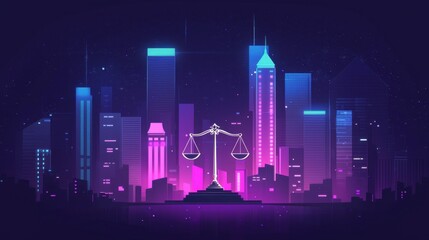 Obraz premium Futuristic Cityscape at Night Featuring Scales of Justice Symbolizing Law and Order in a Vibrant Neon Environment with Dynamic Skyline