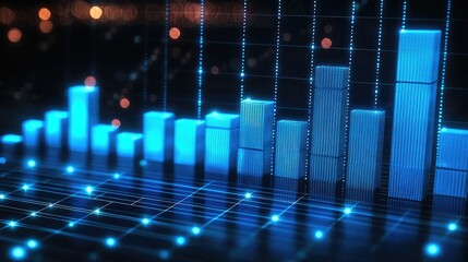 Digital background with a blue bar graph and line chart showing stock market growth or market exposure, financial elements on a dark background.