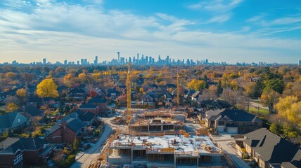 Naklejka premium Aerial view of suburban homes under construction showcasing modern architecture and vibrant community development.