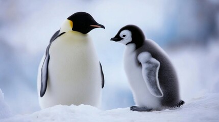 Naklejka premium Emperor Penguin and Chick in Snowy Antarctic Landscape