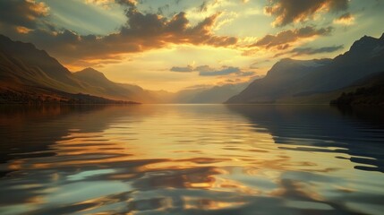 Golden hour serenity, Tranquil lake reflects mountains and luminous sky
