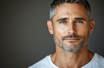 Obraz premium Close-up portrait of a confident man studio setting photography neutral background direct eye contact personal branding