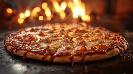 Oven-baked pizza, fire background, restaurant, menu