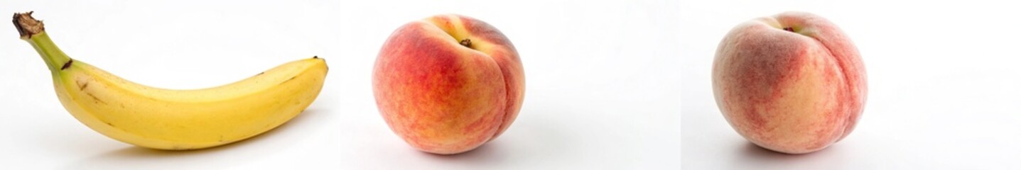 Fototapeta premium A banana and fresh peaches arranged together, highlighting their vibrant colors and textures.