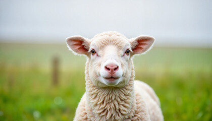 Fototapeta premium Curly-coated sheep standing in fresh misty meadow, Easter symbolism