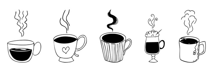 Tea or coffee cup with beverage and hot vapor steam hand drawn doodle line. Simple icon set mug sketch. Hot drinks Coffee, tea, cappuccino espresso, latte. © Alyona