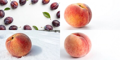 A beautiful arrangement of peaches and plums on a snowy background, highlighting their vibrant colors.