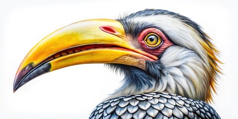 Fototapeta premium Cute yellow hornbill, a tropical bird, captured in a delightful watercolor animal portrait.