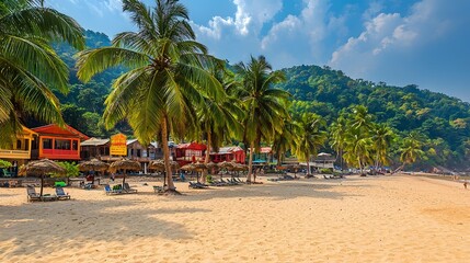 Naklejka premium Picturesque Andaman beach with lush palm trees golden sand and a tranquil serene atmosphere the perfect tropical paradise for a relaxing vacation or getaway
