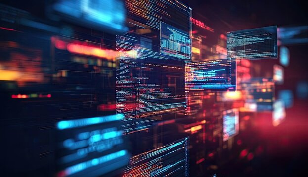 Abstract digital code screens in motion, data flow, network background