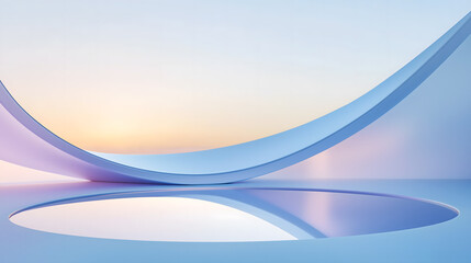 A minimalist, abstract digital artwork featuring smooth, curved blue and purple shapes with a reflective surface, set against a gradient sky transitioning from light blue to soft orange.