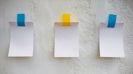 The picture's background is a white painted wall with smooth texture, with three white a4 size papers in the middle, fixed with yellow costabe.