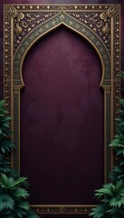 Elegant Archway Frame with Gold Ornamentation and Tropical Leaf Details