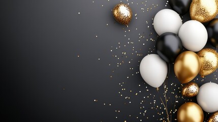 Elegant arrangement of gold, white, and black balloons with glitter on a dark background, perfect for celebrations and festive occasions.