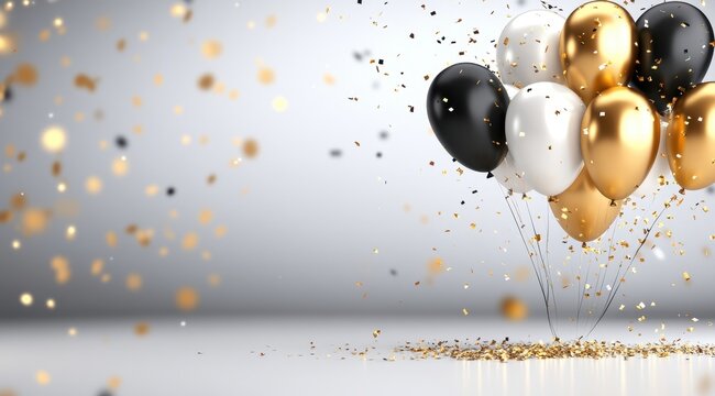 Elegant black, white, and gold balloons with confetti on a shimmering background, perfect for a celebration or festive occasion.