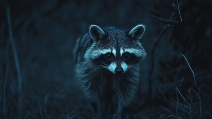 Fototapeta premium Nocturnal Raccoon in Dark Forest at Night