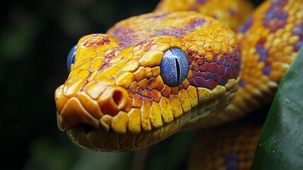 Fototapeta premium Close Up Of A Yellow And Orange Snake With Striking Blue Eyes