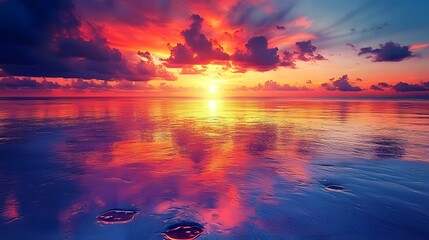 Breathtaking sunset ablaze with vibrant reds and oranges reflected in the calm serene tide pools on a picturesque tropical beach  This stunning