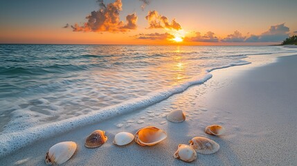 Peaceful sunset beach scene with brilliant orange and pink sky gently lapping waves and scattered seashells on the soft white sand