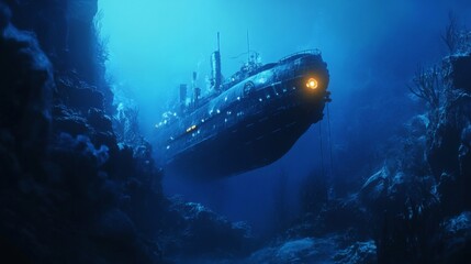 Fototapeta premium Submerged Vessel in a Dark Blue Underwater Scene