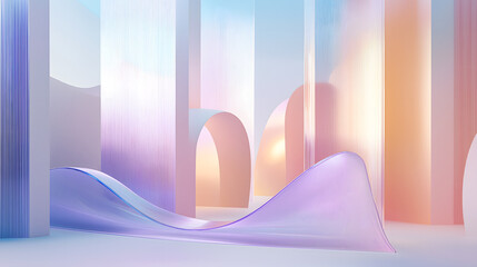 A surreal, abstract scene featuring tall, vertical structures with a smooth, flowing, translucent fabric-like element in the foreground. The scene is bathed in soft pastel colors.

