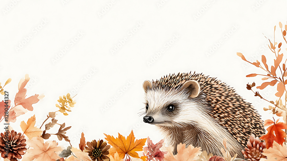 Sticker Watercolor Illustration Hedgehog and Nature Elements