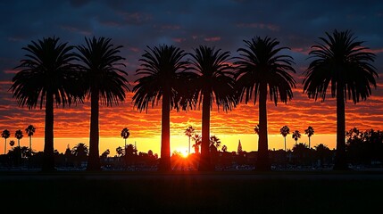 Obraz premium Dramatic sunset silhouette of swaying palm trees against a vibrant colorful sky over a tropical beach landscape Peaceful and tranquil coastal scene with a moody majestic atmosphere