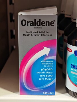 London,UK-March 5 2025:ORALDENE is a medicated mouthwash containing hexetidine, providing antibacterial protection for gum infections, mouth ulcers, and bad breath


