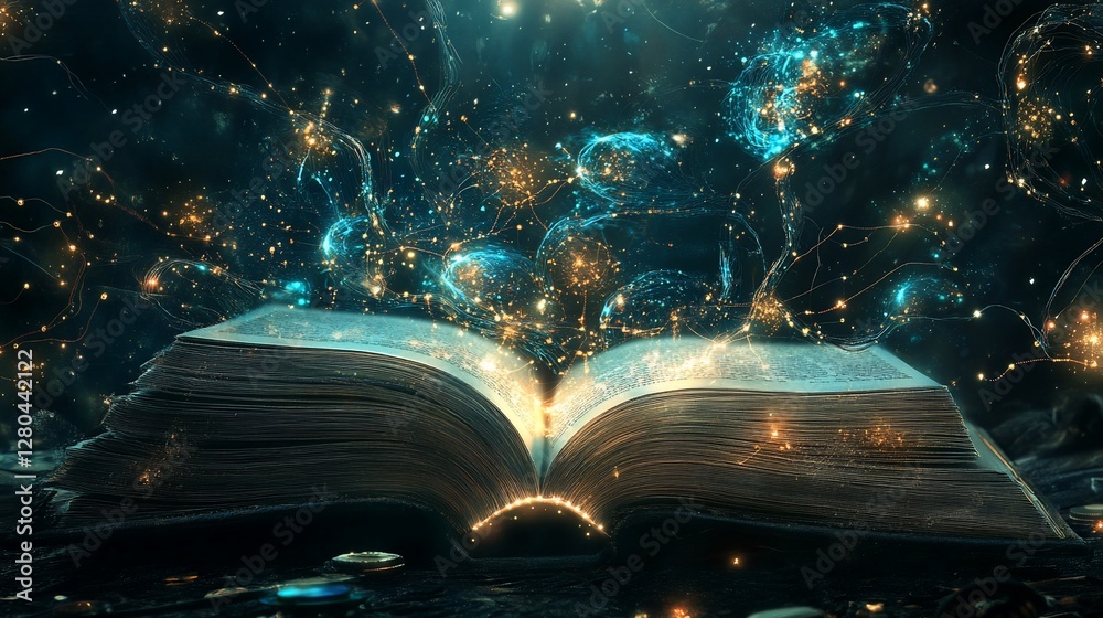 Poster an open book with magical glowing lights and cosmic patterns emerging from it
