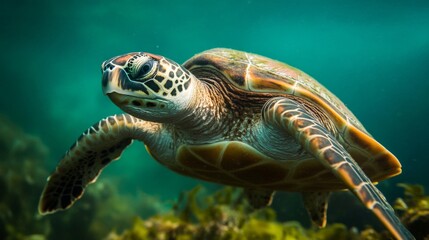Green Sea Turtle Swimming Underwater in Vibrant Ocean