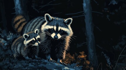 Naklejka premium Nighttime Raccoon Family in Dark Forest