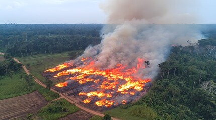 Aerial drone shot capturing the devastating scene of a raging forest fire engulfing the lush green landscape below  Thick plumes of orange flames and billowing smoke fill the frame