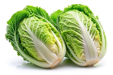 Fresh, halved Napa cabbage, crisp and vibrant, photographed against a clean white background.  Healthy eating.