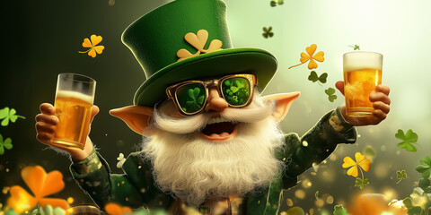 Lively leprechaun celebrating Saint Patrick's Day raises two glasses in cheers. The background features green clovers and a festive atmosphere that enhances the joyous occasion