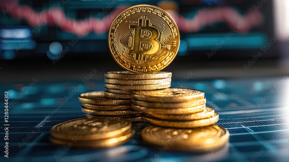 Poster a stack of gold coins is arranged in a pyramid-like formation on a blue surface, with the largest co