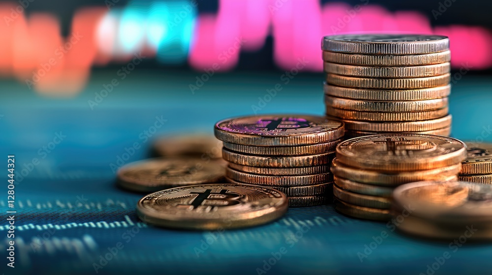 Aufkleber a stack of gold coins is arranged in a pyramid-like formation on a blue surface, with the largest co