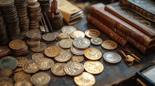 Coin collection hobbyist with a background full of hobby-related objects like books and tools 