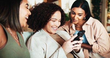 Women, friends and phone with gossip for online dating, social media or joke with meme in living...