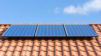 Solar panels on terracotta roof under clear sky. Possible use Home energy, sustainable living