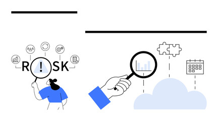 Magnifying glass highlights risk and analysis icons, connecting data charts, cloud assets, and task planning. Ideal for risk management, analytics, business strategy, decision-making, planning