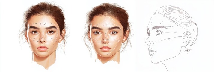 Detailed medical illustration of Botox injection points on female facial anatomy with marked areas for treatment. Generative AI