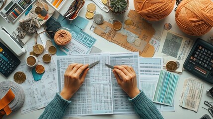 Budgeting hobbyist with financial papers, coins, and craft materials like yarn and scissors on a clean table 