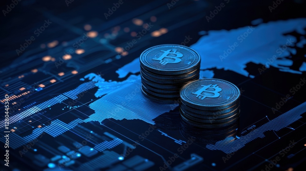 Poster stacked bitcoin coins on a dark background featuring digital map and data visualization for cryptocu