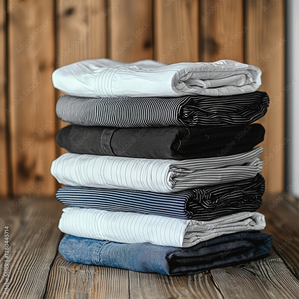 Poster neatly folded clothes. stack of colorful perfectly folded clothing items.
