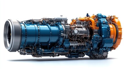 Close-up of a powerful turbofan jet engine, showcasing intricate details of its internal components and design.