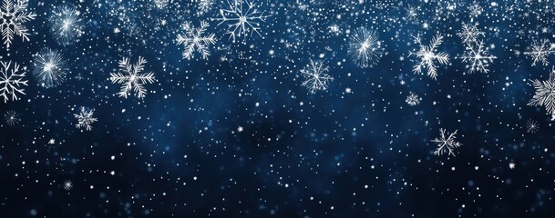 Fototapeta premium Snowflakes Falling on Dark Blue Background in a Winter Wonderland Scene with Sparkling Glittering Effects and a Calm Atmospheric Feeling
