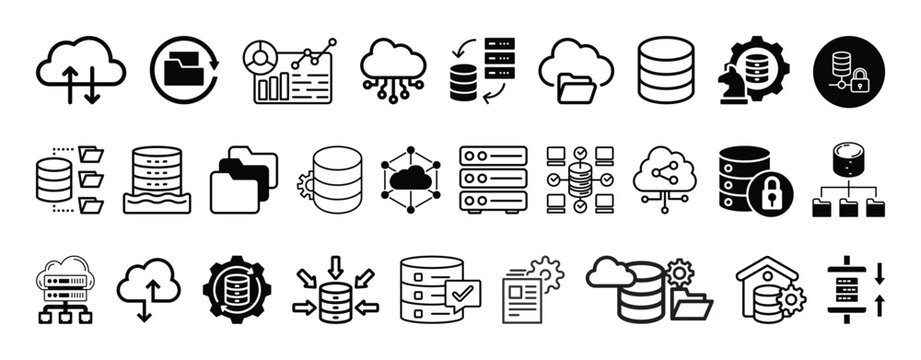Data storage, cloud services, database analytics  icon set collection vector  design.